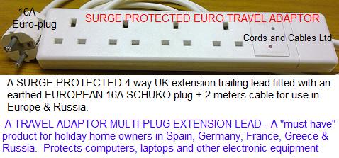 4.045.4W.SP+SCHUKO Surge Protected 4 way UK-Euro Extension Lead TRAVEL ADAPTOR - SCHUKO
